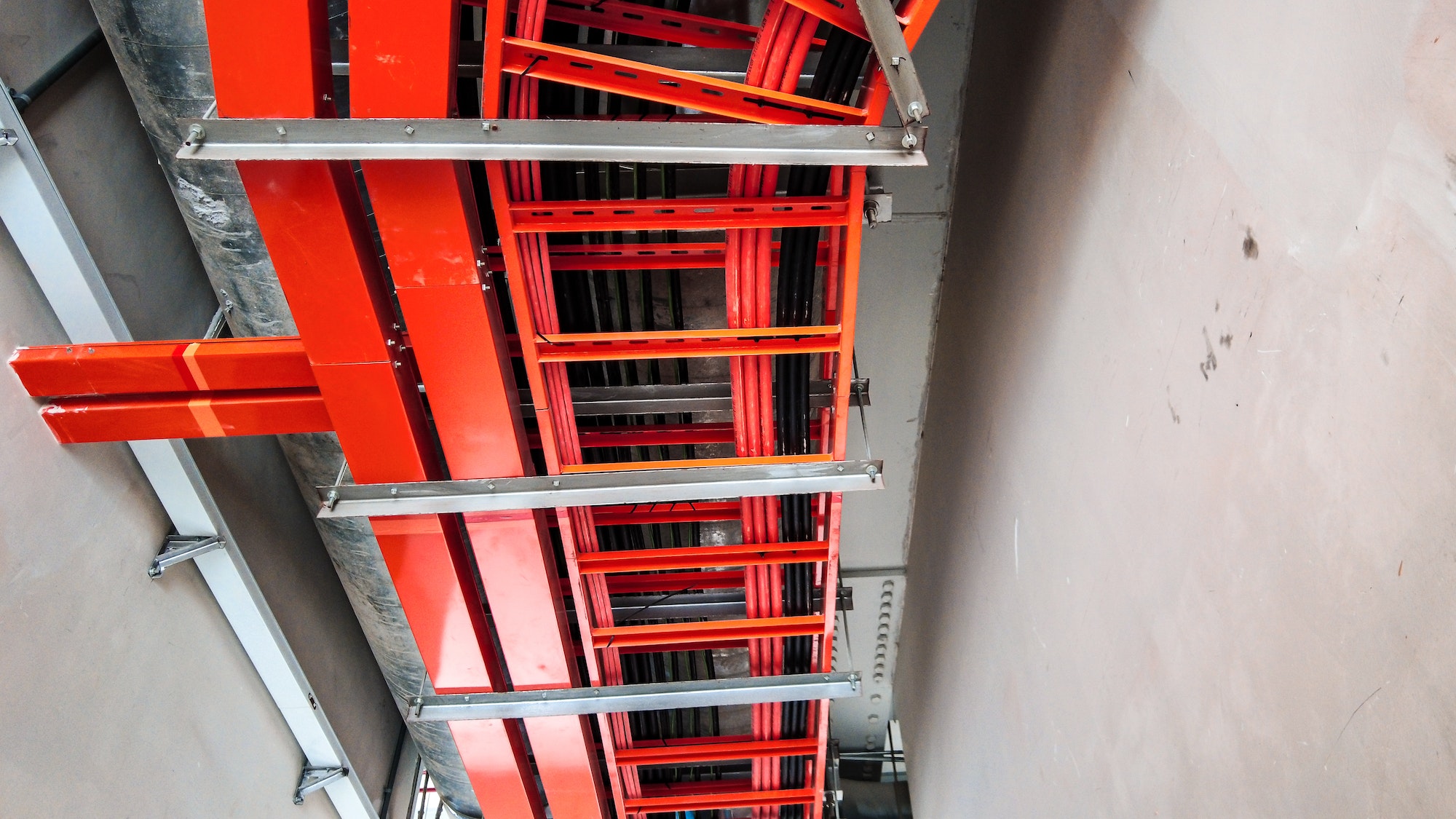 Low angle view of steel network cable trunking box.